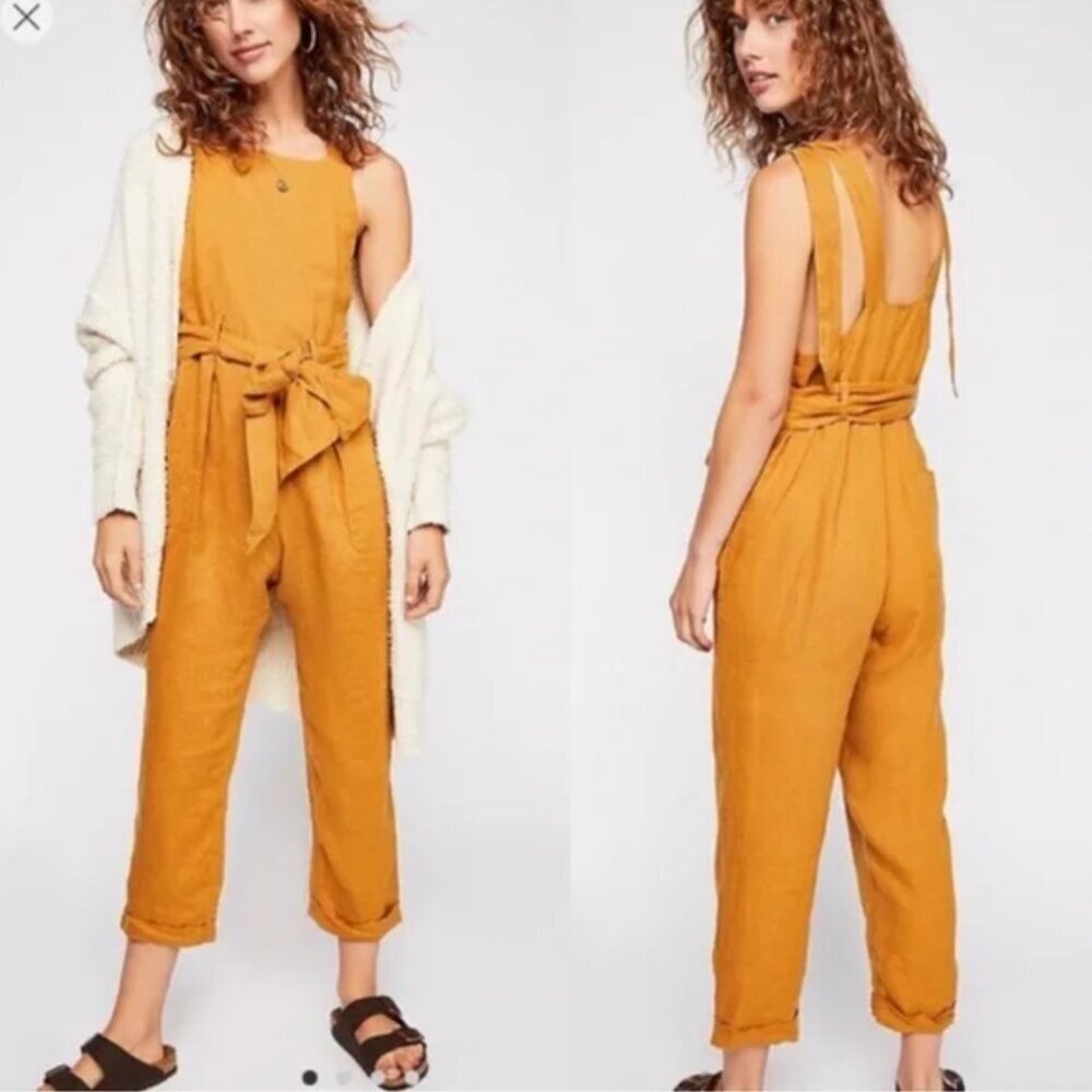 Free People Coladas All Day Linen One Piece Overalls Jumpsuit Sleeveless Small